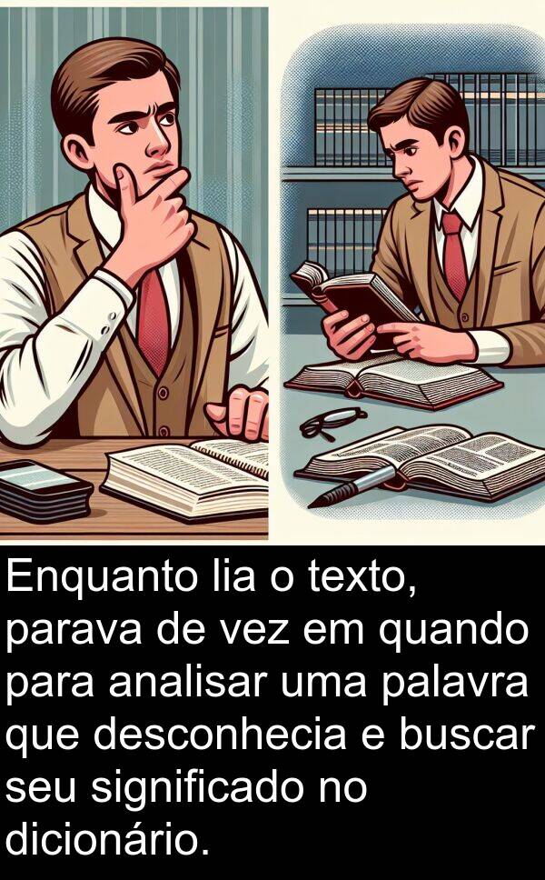 palavra: Enquanto lia o texto, parava de vez em quando para analisar uma palavra que desconhecia e buscar seu significado no dicionário.
