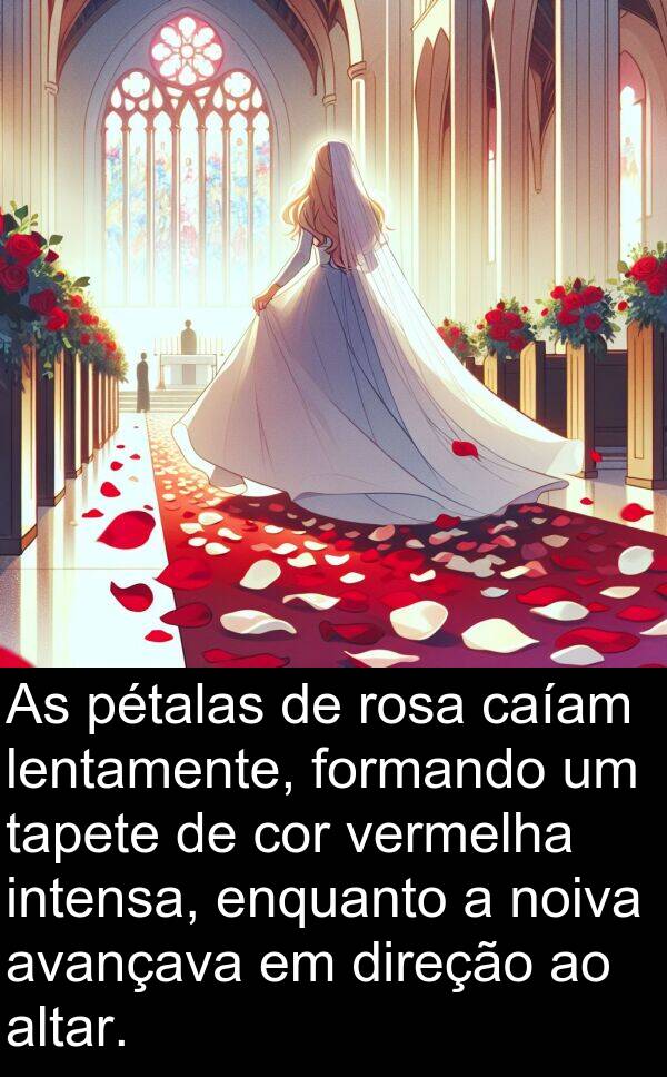 tapete: As pétalas de rosa caíam lentamente, formando um tapete de cor vermelha intensa, enquanto a noiva avançava em direção ao altar.