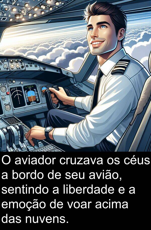 sentindo: O aviador cruzava os céus a bordo de seu avião, sentindo a liberdade e a emoção de voar acima das nuvens.