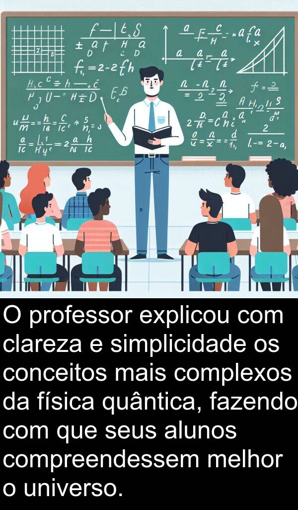 fazendo: O professor explicou com clareza e simplicidade os conceitos mais complexos da física quântica, fazendo com que seus alunos compreendessem melhor o universo.