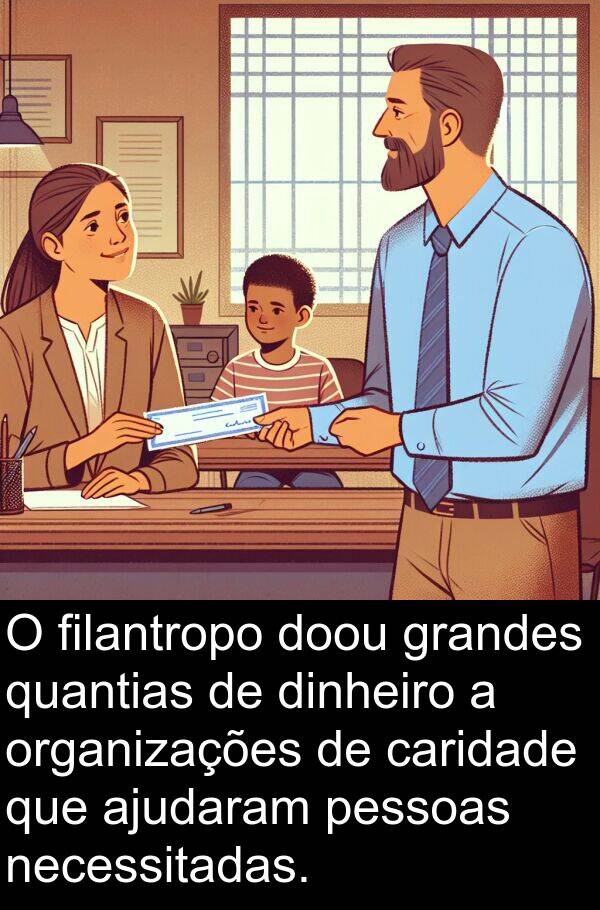 necessitadas: O filantropo doou grandes quantias de dinheiro a organizações de caridade que ajudaram pessoas necessitadas.