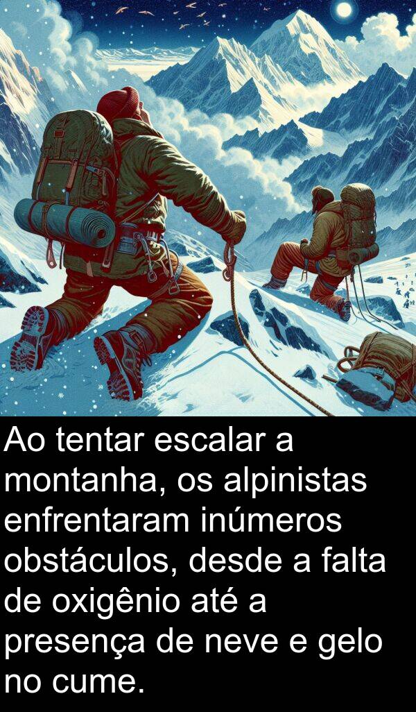 gelo: Ao tentar escalar a montanha, os alpinistas enfrentaram inúmeros obstáculos, desde a falta de oxigênio até a presença de neve e gelo no cume.