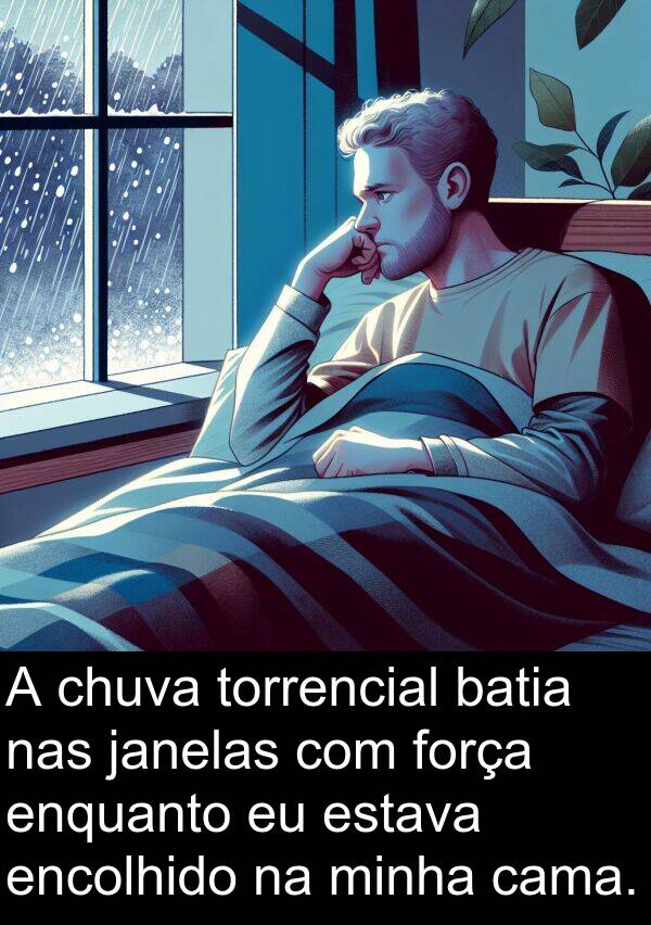janelas: A chuva torrencial batia nas janelas com força enquanto eu estava encolhido na minha cama.