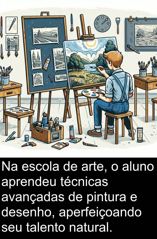 natural: Na escola de arte, o aluno aprendeu técnicas avançadas de pintura e desenho, aperfeiçoando seu talento natural.