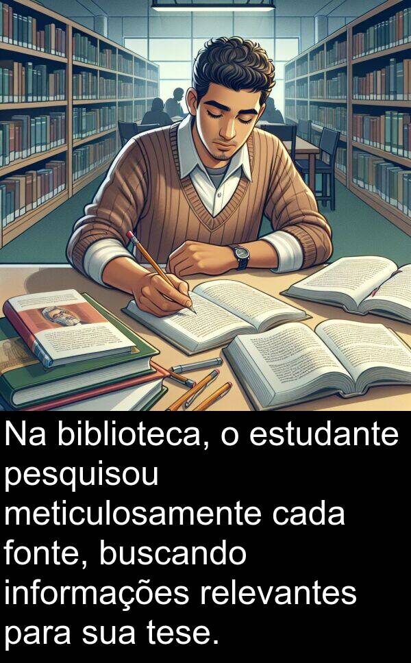 cada: Na biblioteca, o estudante pesquisou meticulosamente cada fonte, buscando informações relevantes para sua tese.