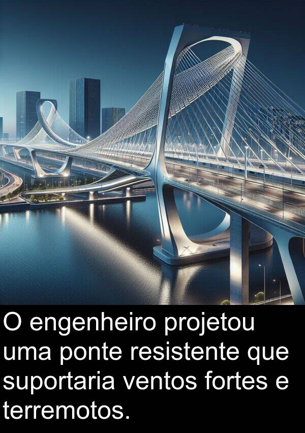 ventos: O engenheiro projetou uma ponte resistente que suportaria ventos fortes e terremotos.