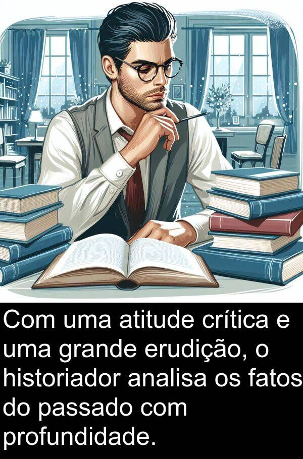 analisa: Com uma atitude crítica e uma grande erudição, o historiador analisa os fatos do passado com profundidade.