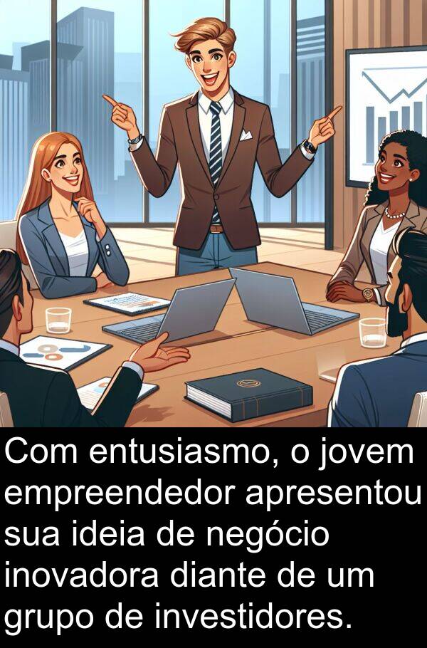 jovem: Com entusiasmo, o jovem empreendedor apresentou sua ideia de negócio inovadora diante de um grupo de investidores.