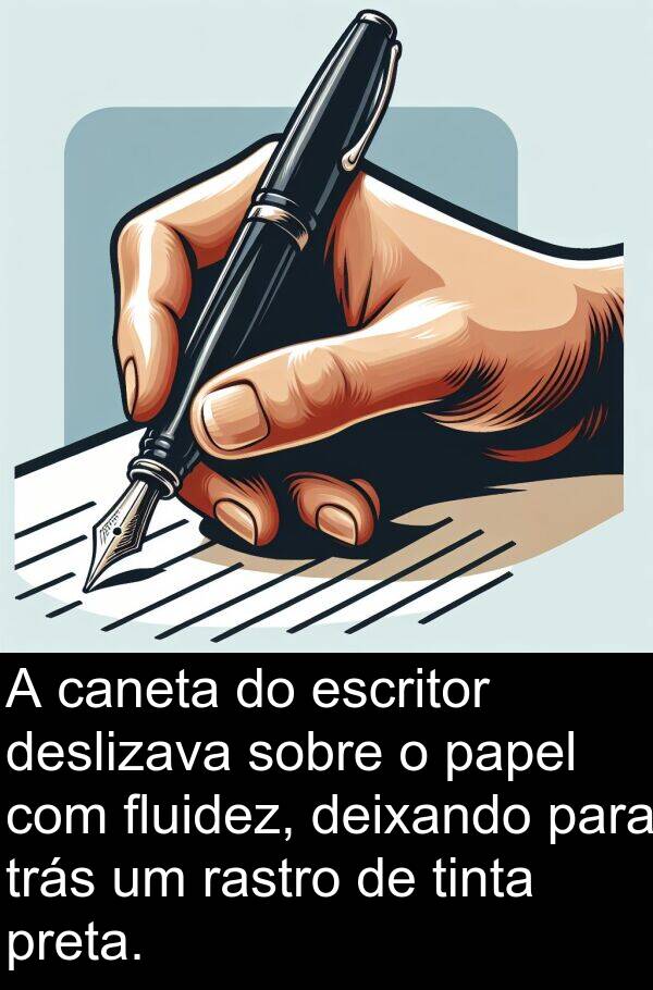 rastro: A caneta do escritor deslizava sobre o papel com fluidez, deixando para trás um rastro de tinta preta.