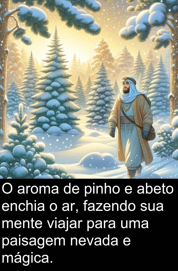 mágica: O aroma de pinho e abeto enchia o ar, fazendo sua mente viajar para uma paisagem nevada e mágica.