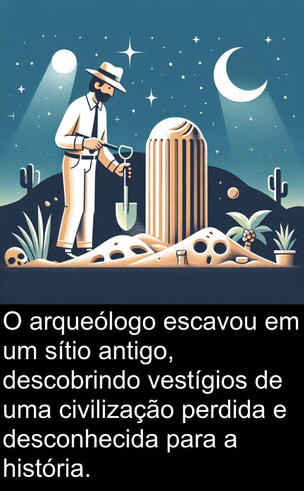 arqueólogo: O arqueólogo escavou em um sítio antigo, descobrindo vestígios de uma civilização perdida e desconhecida para a história.