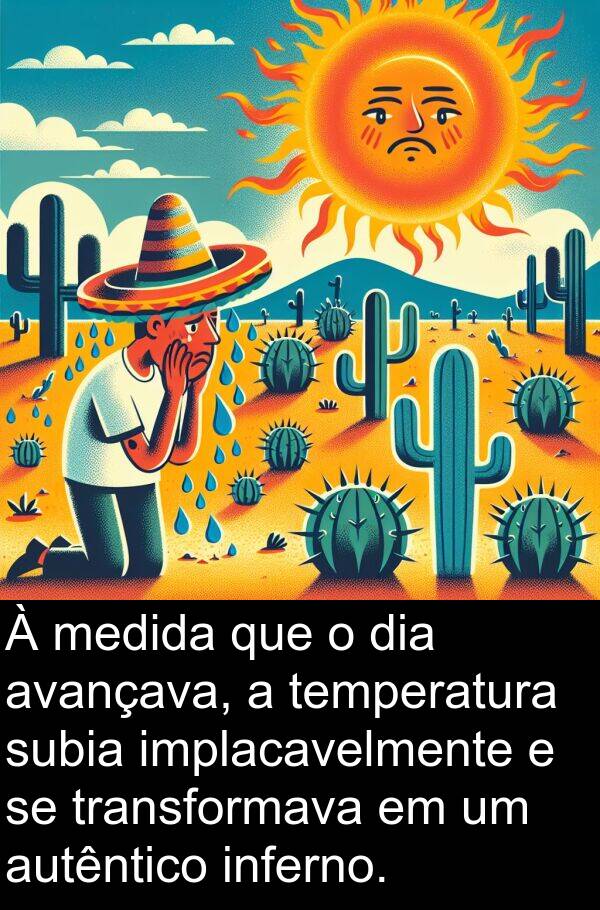 medida: À medida que o dia avançava, a temperatura subia implacavelmente e se transformava em um autêntico inferno.