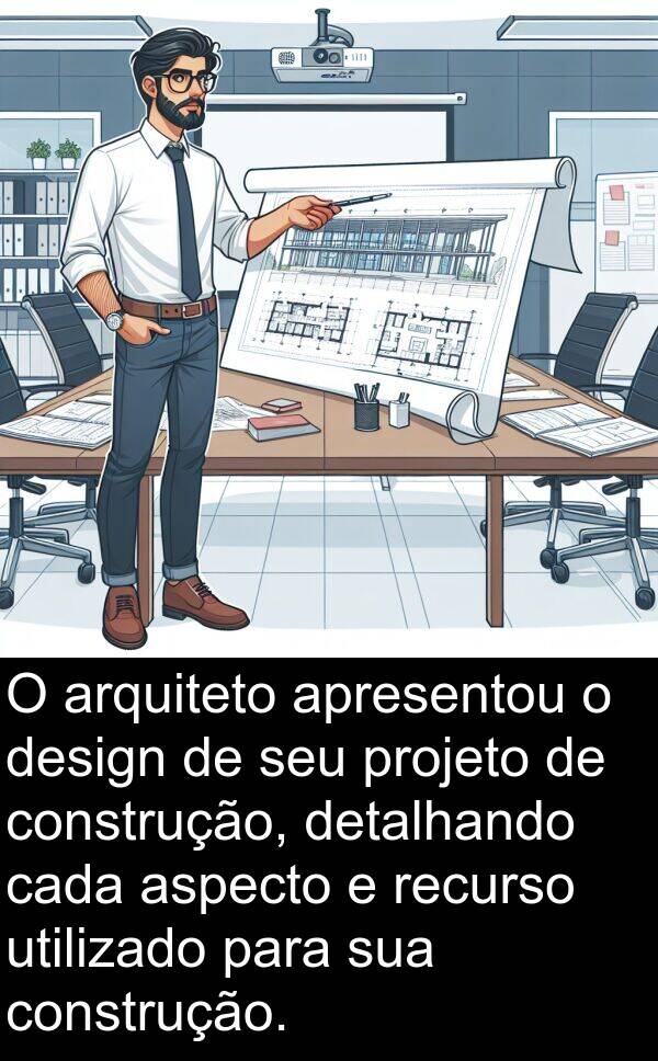 cada: O arquiteto apresentou o design de seu projeto de construção, detalhando cada aspecto e recurso utilizado para sua construção.
