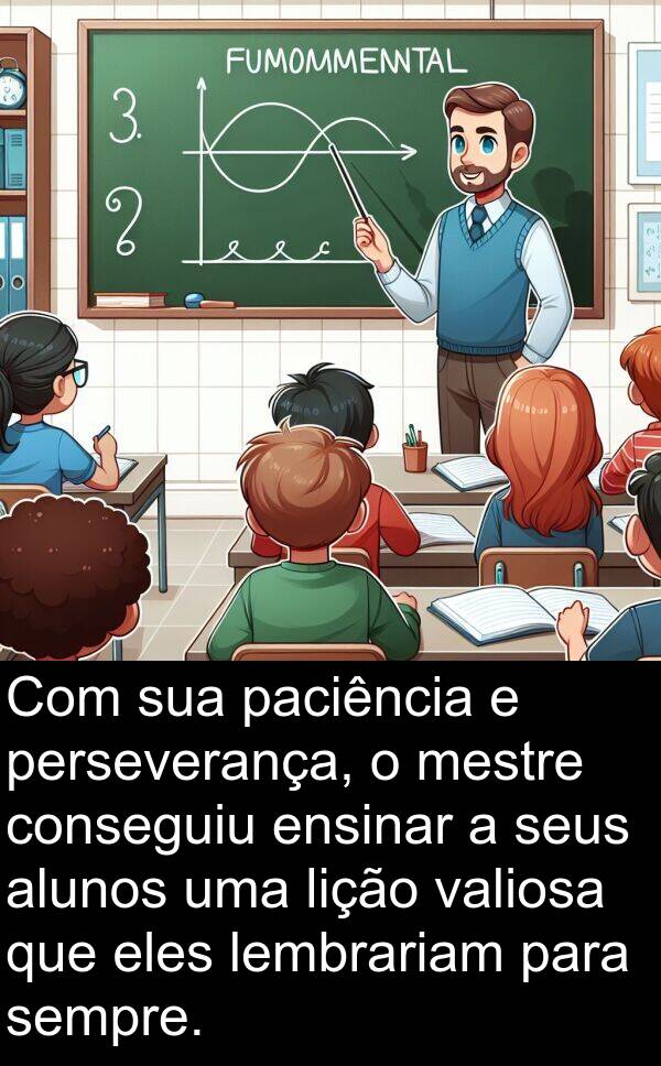paciência: Com sua paciência e perseverança, o mestre conseguiu ensinar a seus alunos uma lição valiosa que eles lembrariam para sempre.