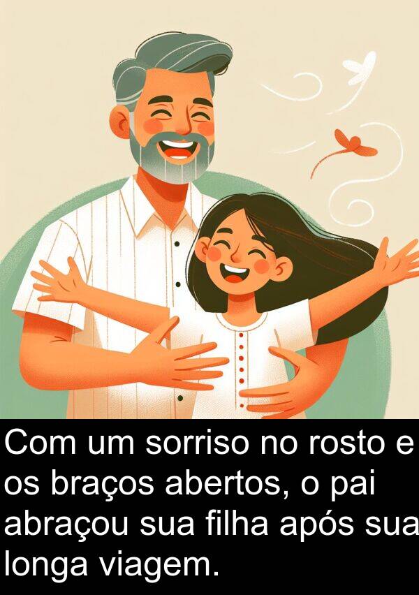 abertos: Com um sorriso no rosto e os braços abertos, o pai abraçou sua filha após sua longa viagem.