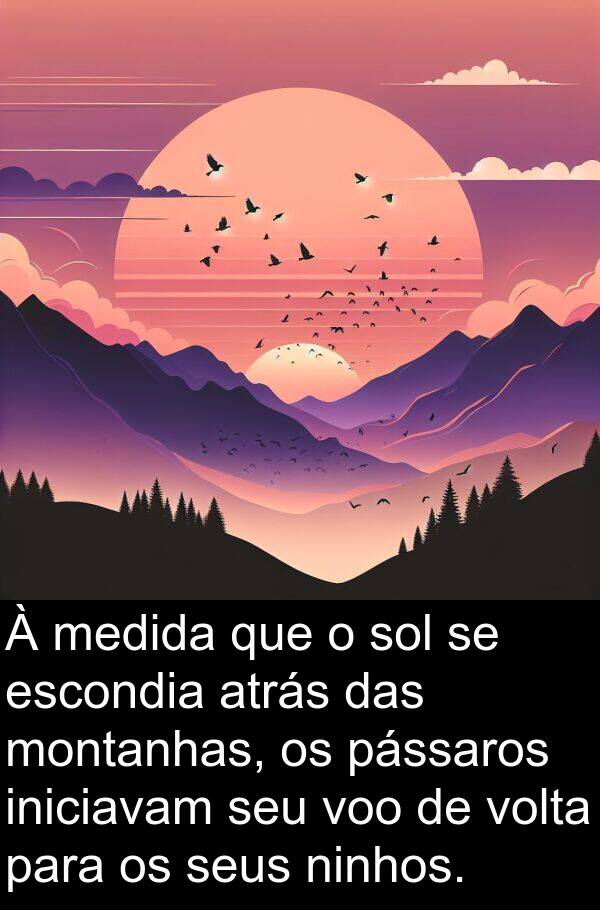 medida: À medida que o sol se escondia atrás das montanhas, os pássaros iniciavam seu voo de volta para os seus ninhos.