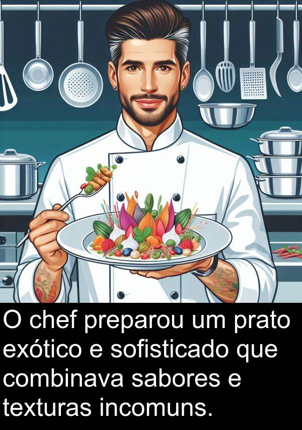 sabores: O chef preparou um prato exótico e sofisticado que combinava sabores e texturas incomuns.