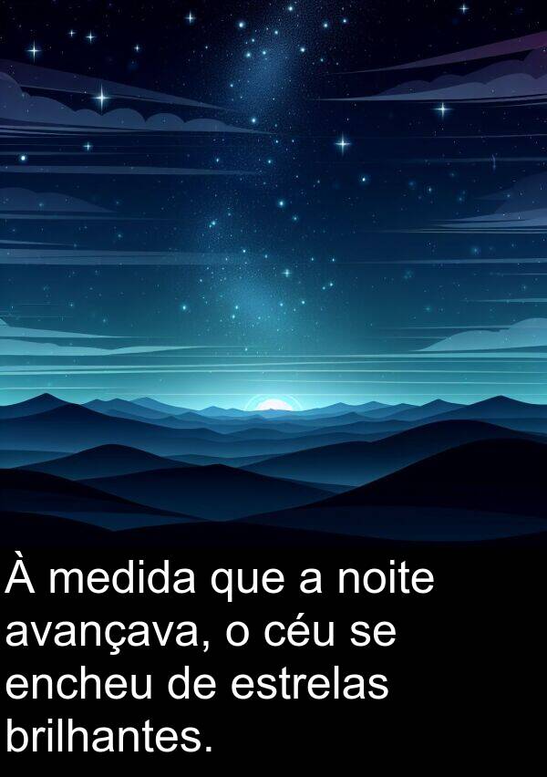 medida: À medida que a noite avançava, o céu se encheu de estrelas brilhantes.