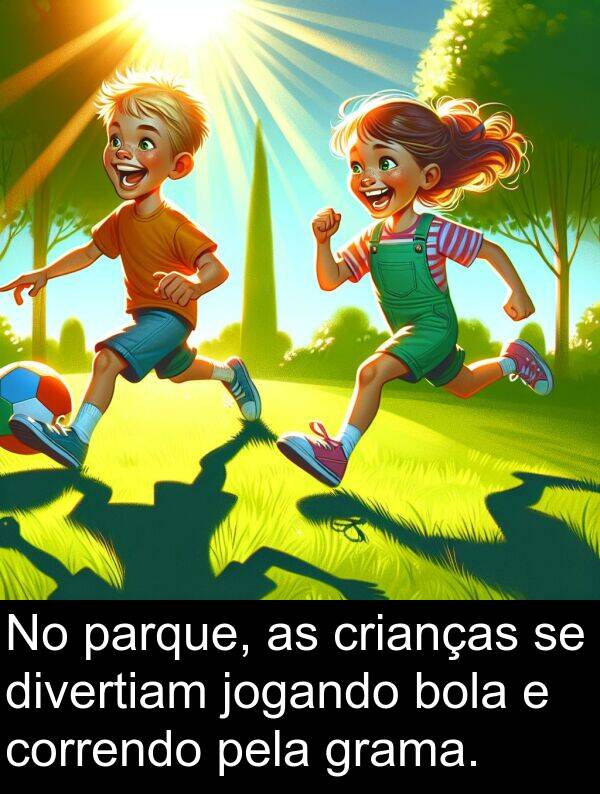 jogando: No parque, as crianças se divertiam jogando bola e correndo pela grama.
