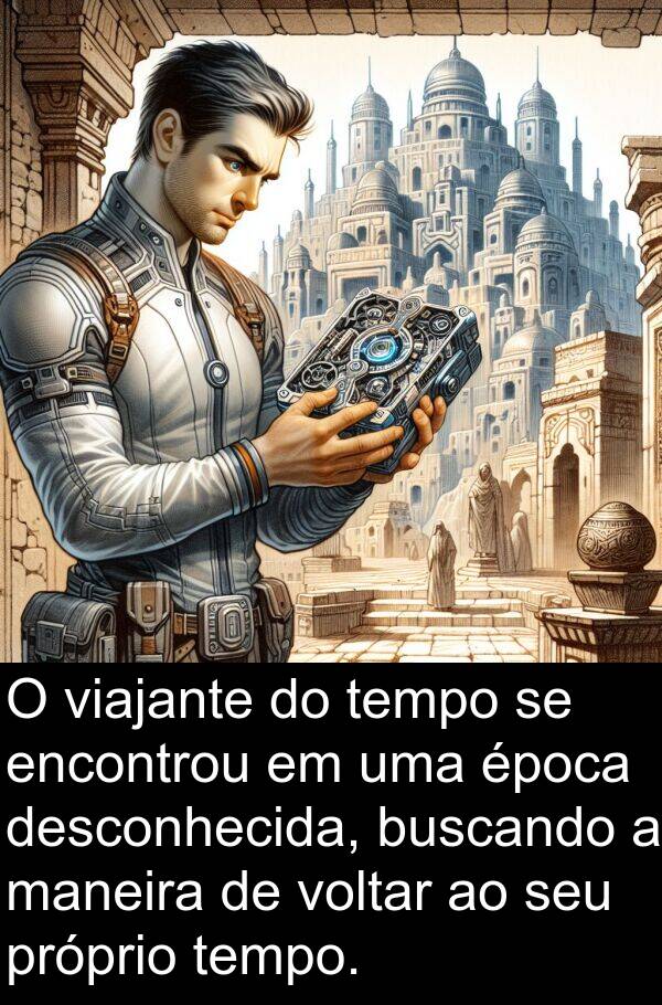 maneira: O viajante do tempo se encontrou em uma época desconhecida, buscando a maneira de voltar ao seu próprio tempo.