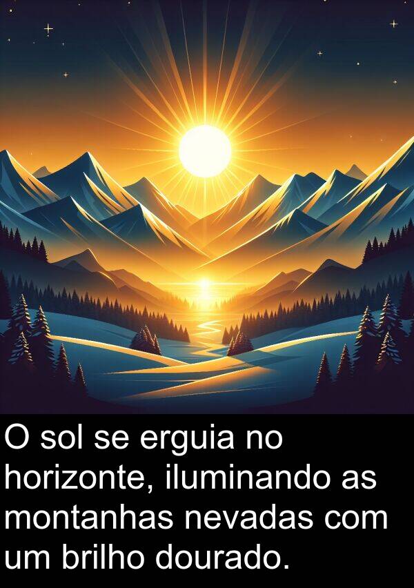 montanhas: O sol se erguia no horizonte, iluminando as montanhas nevadas com um brilho dourado.