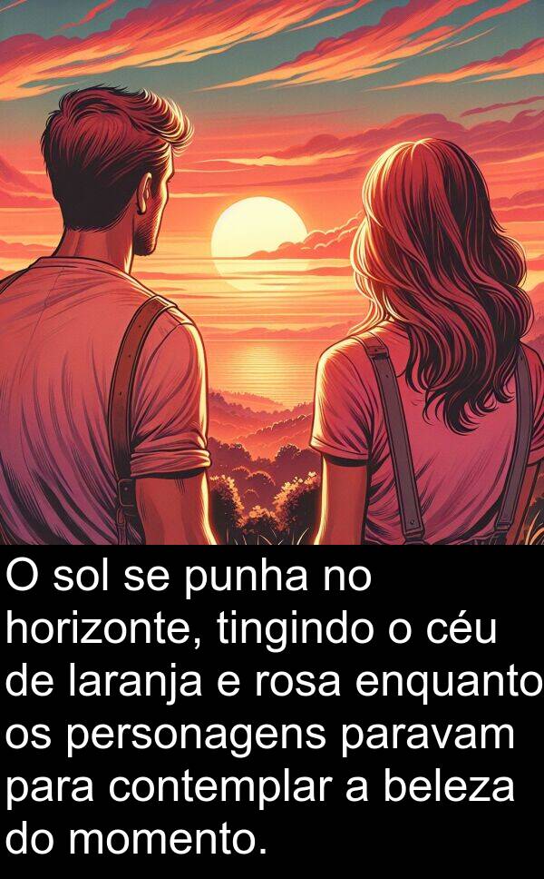paravam: O sol se punha no horizonte, tingindo o céu de laranja e rosa enquanto os personagens paravam para contemplar a beleza do momento.