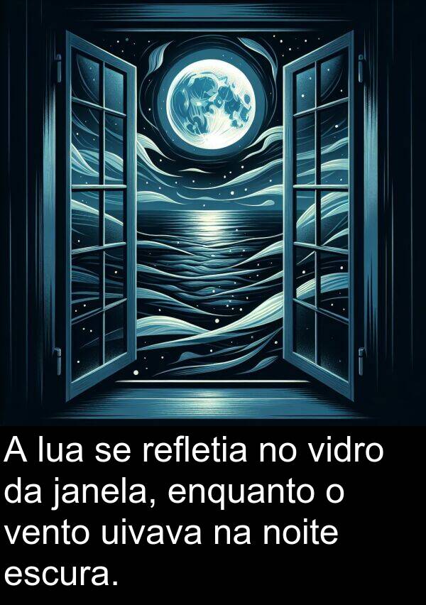 vento: A lua se refletia no vidro da janela, enquanto o vento uivava na noite escura.