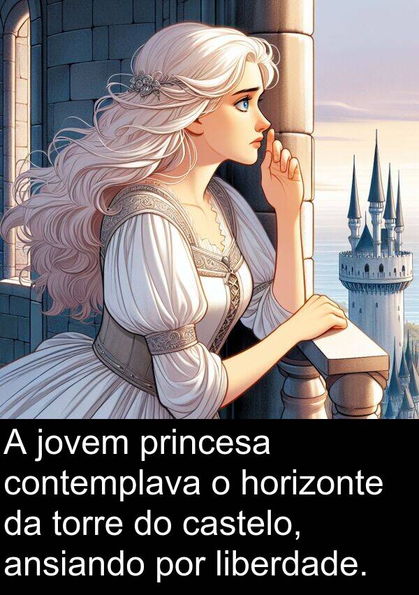 jovem: A jovem princesa contemplava o horizonte da torre do castelo, ansiando por liberdade.