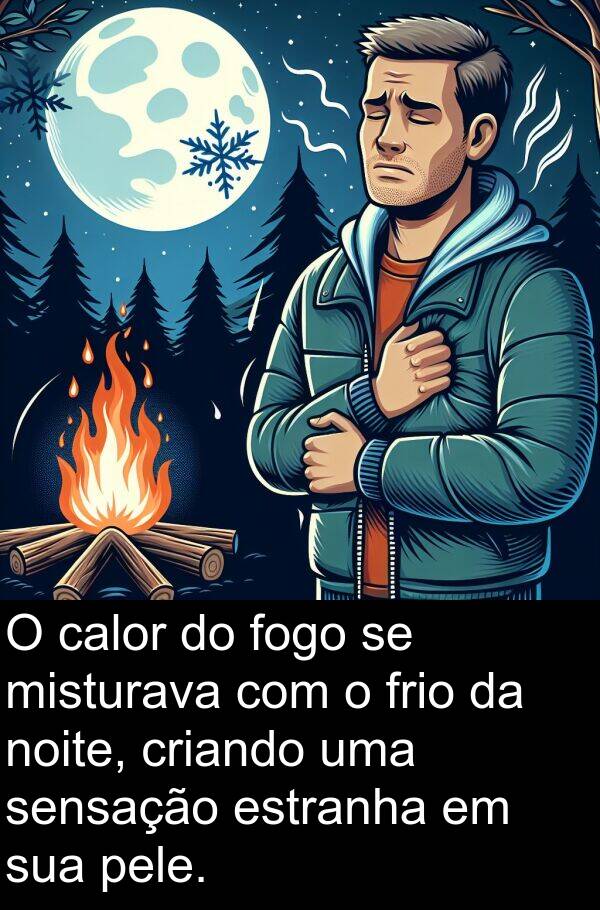 pele: O calor do fogo se misturava com o frio da noite, criando uma sensação estranha em sua pele.