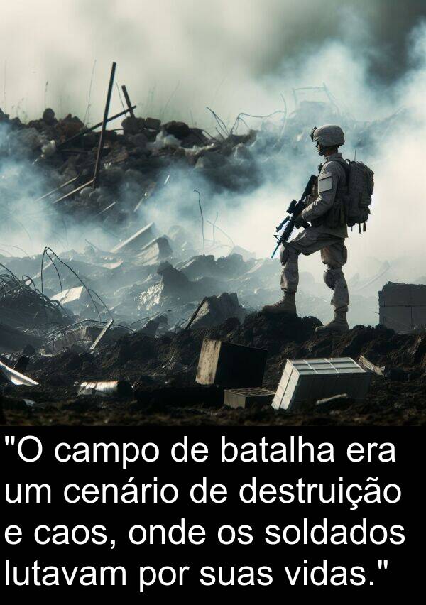 caos: "O campo de batalha era um cenário de destruição e caos, onde os soldados lutavam por suas vidas."