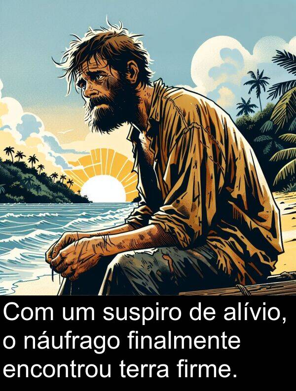 náufrago: Com um suspiro de alívio, o náufrago finalmente encontrou terra firme.