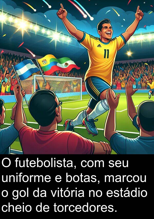 vitória: O futebolista, com seu uniforme e botas, marcou o gol da vitória no estádio cheio de torcedores.