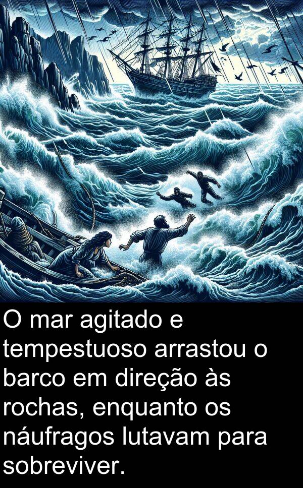 náufragos: O mar agitado e tempestuoso arrastou o barco em direção às rochas, enquanto os náufragos lutavam para sobreviver.