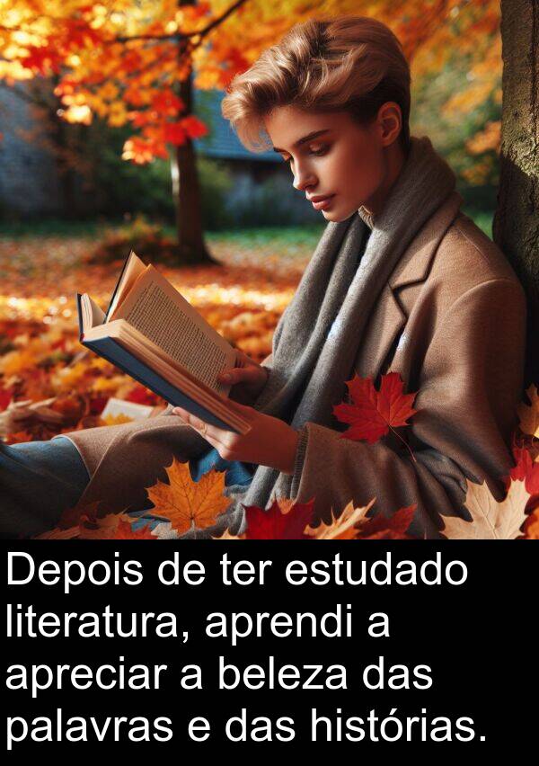 palavras: Depois de ter estudado literatura, aprendi a apreciar a beleza das palavras e das histórias.