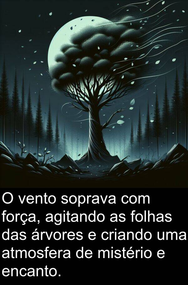 vento: O vento soprava com força, agitando as folhas das árvores e criando uma atmosfera de mistério e encanto.