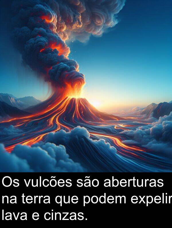 aberturas: Os vulcões são aberturas na terra que podem expelir lava e cinzas.