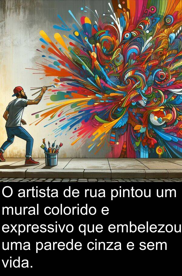 parede: O artista de rua pintou um mural colorido e expressivo que embelezou uma parede cinza e sem vida.