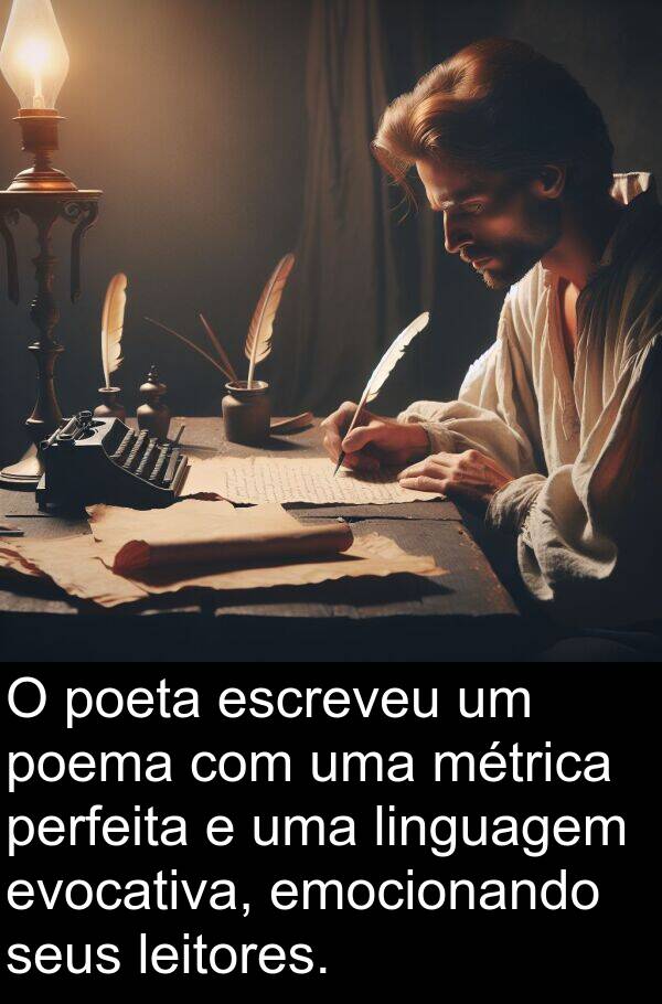 leitores: O poeta escreveu um poema com uma métrica perfeita e uma linguagem evocativa, emocionando seus leitores.