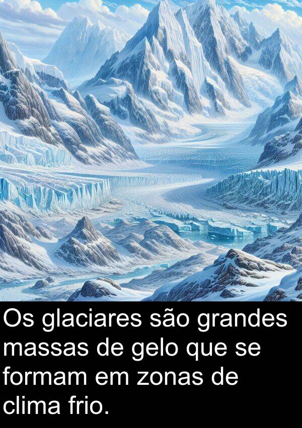 gelo: Os glaciares são grandes massas de gelo que se formam em zonas de clima frio.