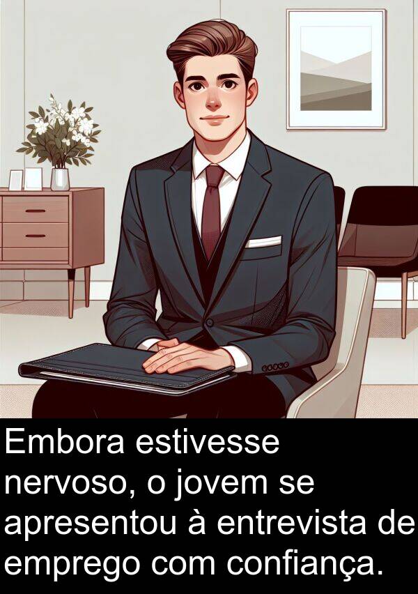 jovem: Embora estivesse nervoso, o jovem se apresentou à entrevista de emprego com confiança.