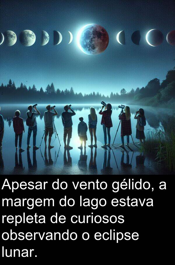 vento: Apesar do vento gélido, a margem do lago estava repleta de curiosos observando o eclipse lunar.