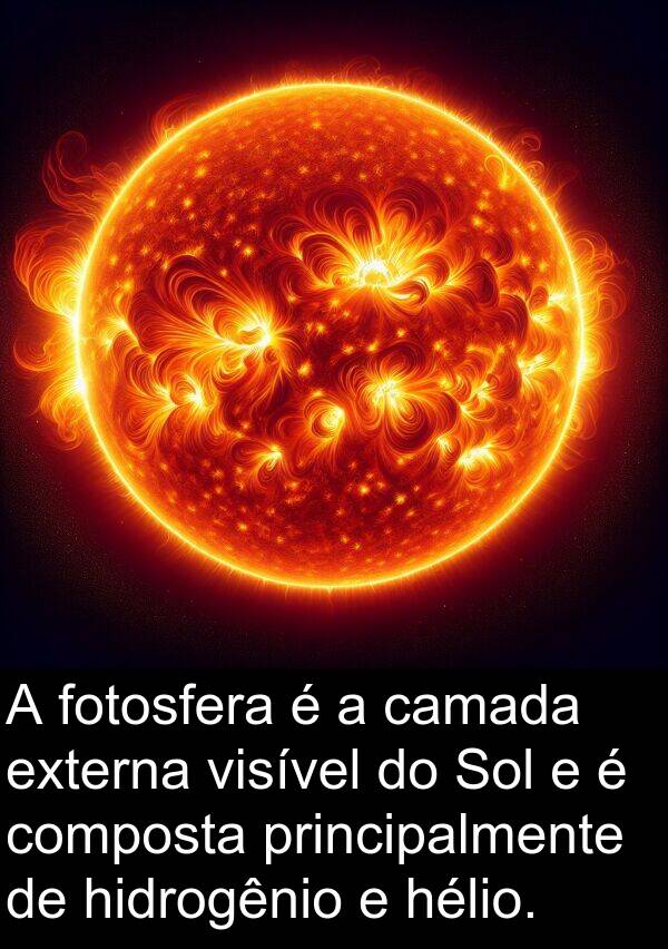 fotosfera: A fotosfera é a camada externa visível do Sol e é composta principalmente de hidrogênio e hélio.