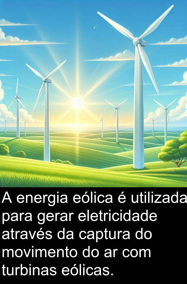 gerar: A energia eólica é utilizada para gerar eletricidade através da captura do movimento do ar com turbinas eólicas.