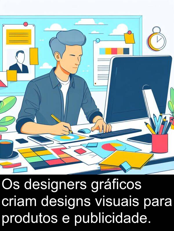 criam: Os designers gráficos criam designs visuais para produtos e publicidade.