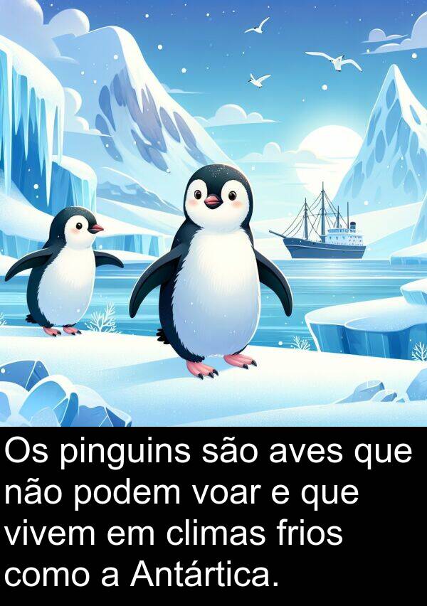vivem: Os pinguins são aves que não podem voar e que vivem em climas frios como a Antártica.