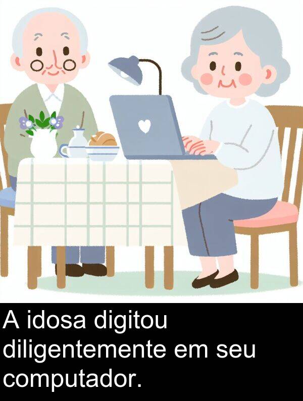 seu: A idosa digitou diligentemente em seu computador.