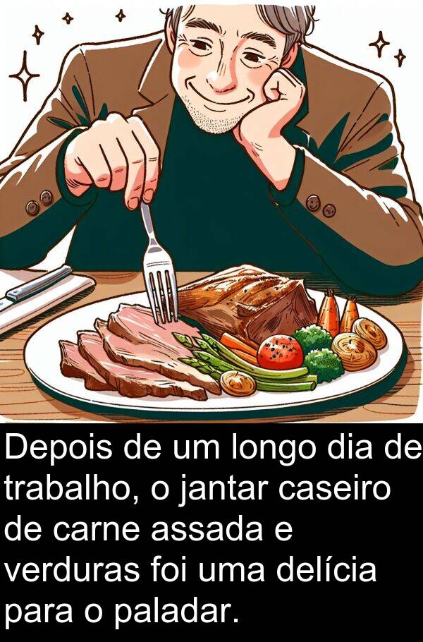 jantar: Depois de um longo dia de trabalho, o jantar caseiro de carne assada e verduras foi uma delícia para o paladar.