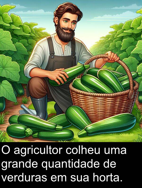 colheu: O agricultor colheu uma grande quantidade de verduras em sua horta.
