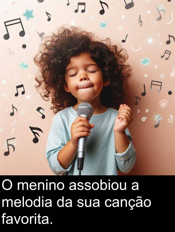 canção: O menino assobiou a melodia da sua canção favorita.