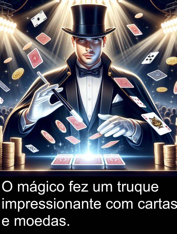 mágico: O mágico fez um truque impressionante com cartas e moedas.